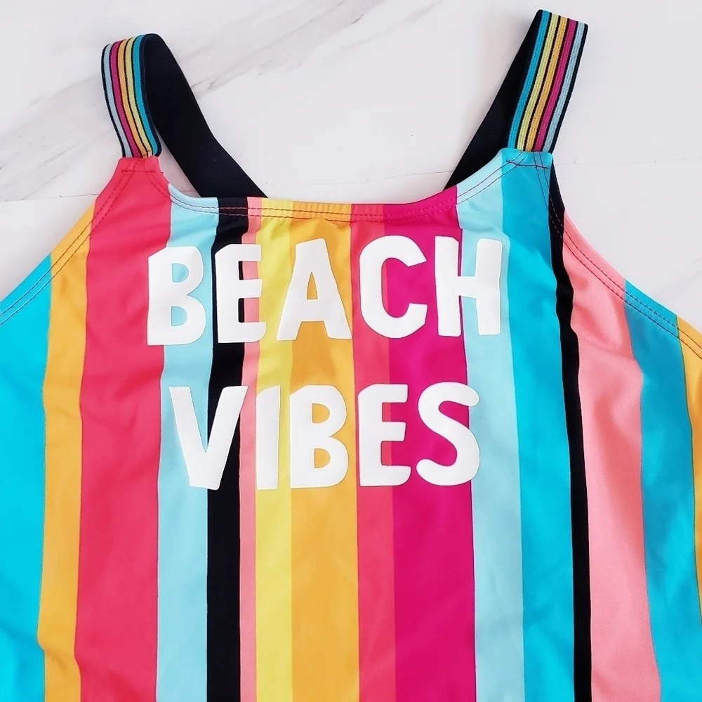 Wonder Nation Kids One Piece Bathing-Suit Striped Multicolored Rainbow Swimsuit
